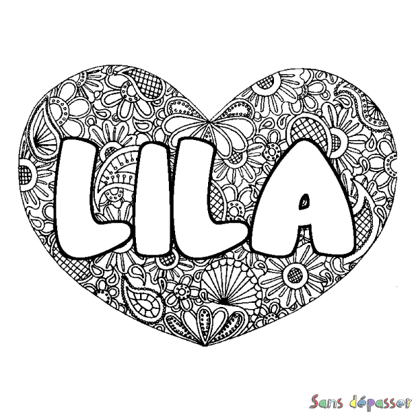Coloriage pr&eacute;nom LILA - d&eacute;cor Mandala coeur