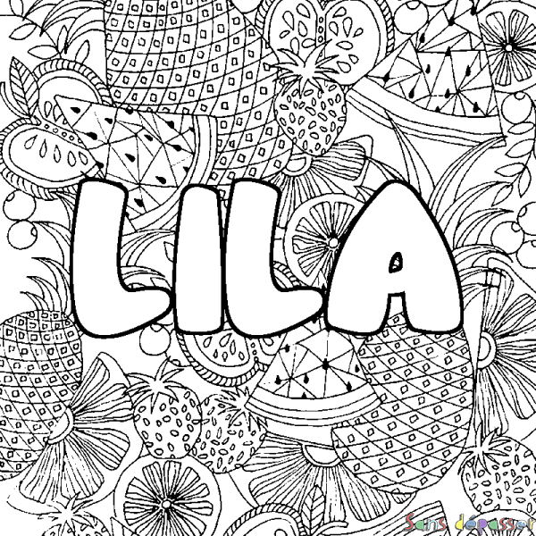 Coloriage pr&eacute;nom LILA - d&eacute;cor Mandala fruits