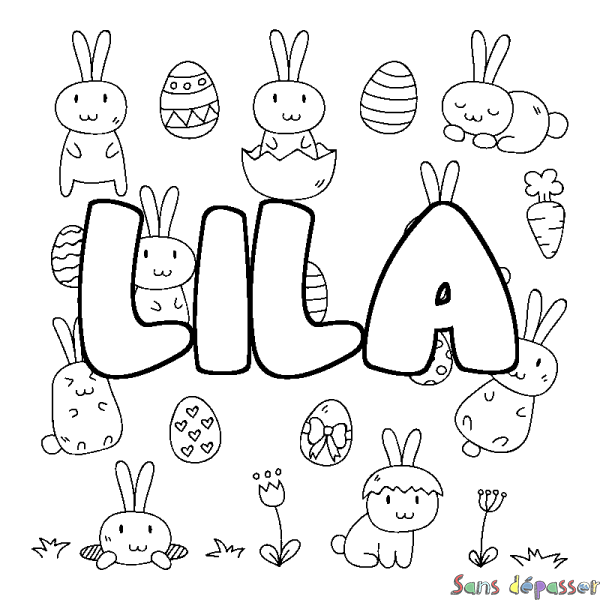 Coloriage pr&eacute;nom LILA - d&eacute;cor Paques
