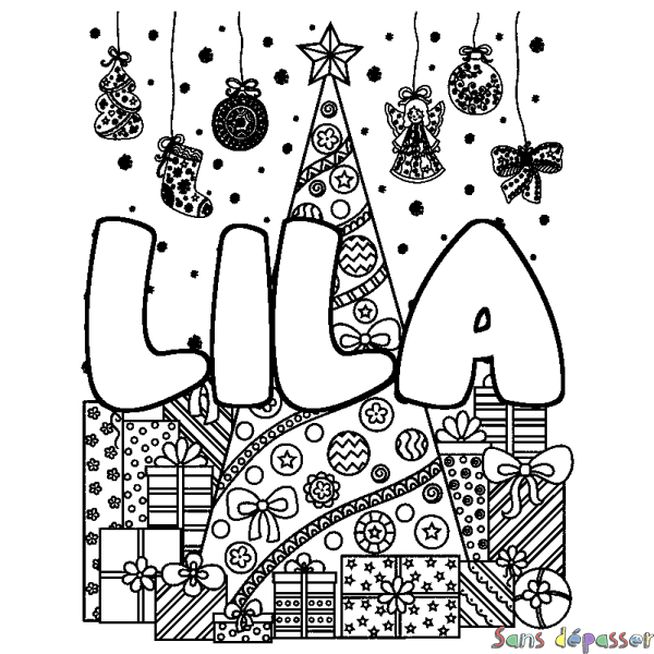 Coloriage pr&eacute;nom LILA - d&eacute;cor Sapin et Cadeaux