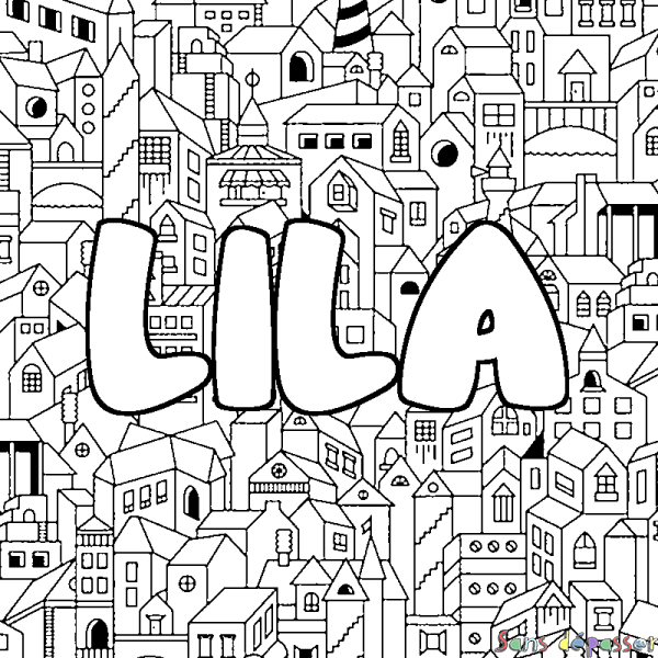 Coloriage pr&eacute;nom LILA - d&eacute;cor Ville