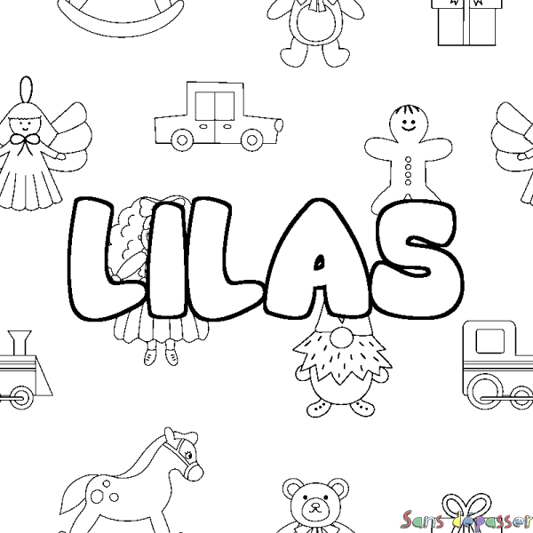 Coloriage pr&eacute;nom LILAS - d&eacute;cor Jouets