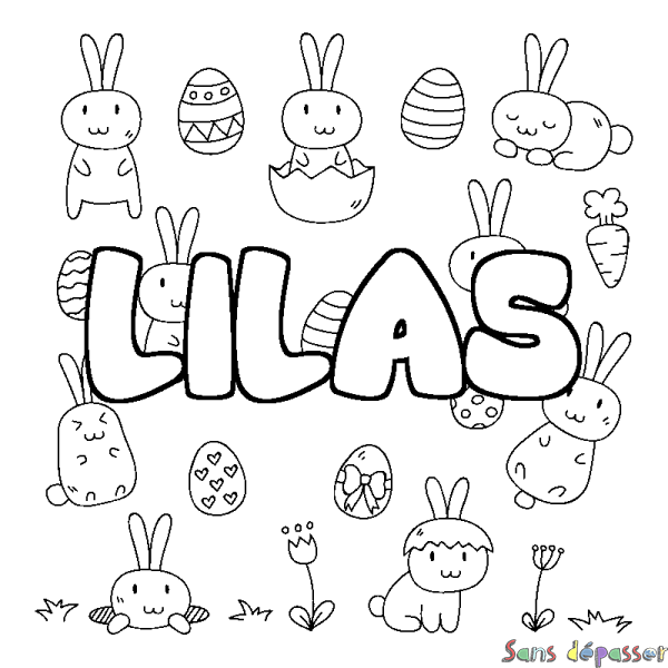 Coloriage pr&eacute;nom LILAS - d&eacute;cor Paques
