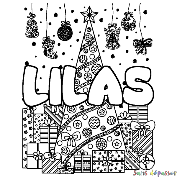 Coloriage pr&eacute;nom LILAS - d&eacute;cor Sapin et Cadeaux
