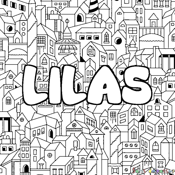 Coloriage pr&eacute;nom LILAS - d&eacute;cor Ville