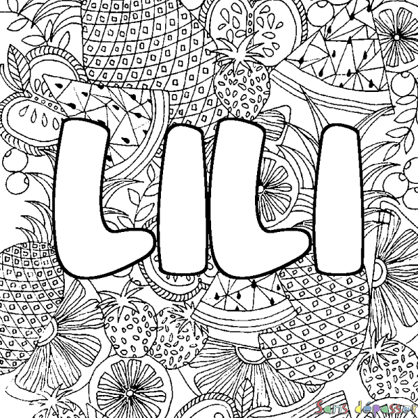 Coloriage pr&eacute;nom LILI - d&eacute;cor Mandala fruits