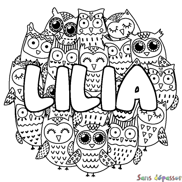 Coloriage pr&eacute;nom LILIA - d&eacute;cor Chouettes