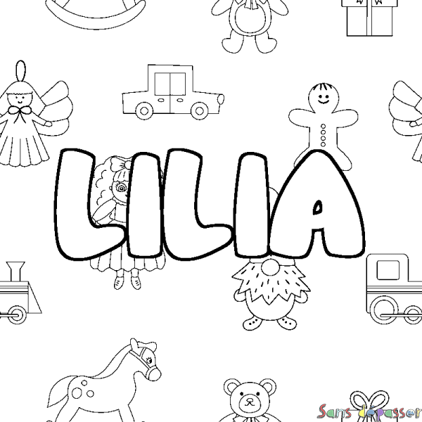 Coloriage pr&eacute;nom LILIA - d&eacute;cor Jouets