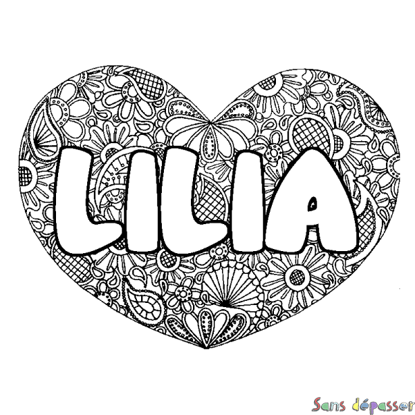 Coloriage pr&eacute;nom LILIA - d&eacute;cor Mandala coeur