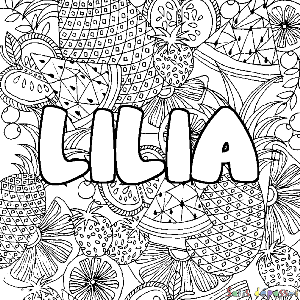 Coloriage pr&eacute;nom LILIA - d&eacute;cor Mandala fruits