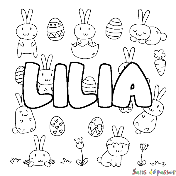 Coloriage pr&eacute;nom LILIA - d&eacute;cor Paques