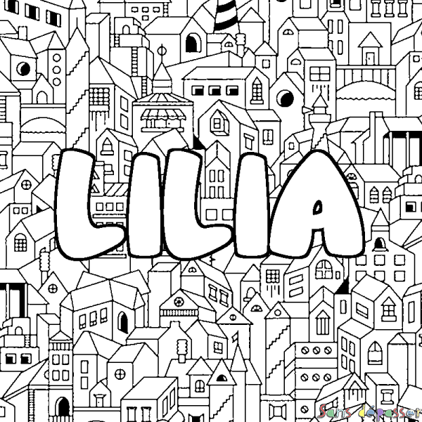 Coloriage pr&eacute;nom LILIA - d&eacute;cor Ville