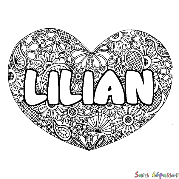 Coloriage pr&eacute;nom LILIAN - d&eacute;cor Mandala coeur