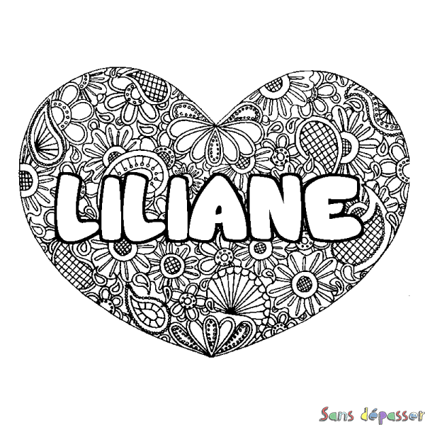 Coloriage pr&eacute;nom LILIANE - d&eacute;cor Mandala coeur