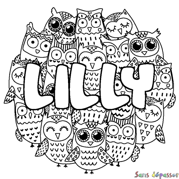 Coloriage pr&eacute;nom LILLY - d&eacute;cor Chouettes