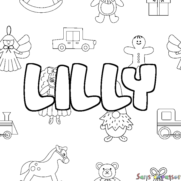 Coloriage pr&eacute;nom LILLY - d&eacute;cor Jouets