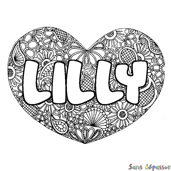 Coloriage pr&eacute;nom LILLY - d&eacute;cor Mandala coeur