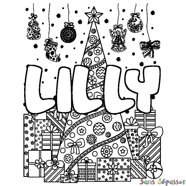 Coloriage pr&eacute;nom LILLY - d&eacute;cor Sapin et Cadeaux