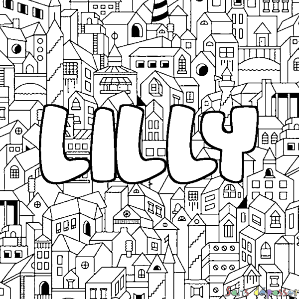 Coloriage pr&eacute;nom LILLY - d&eacute;cor Ville