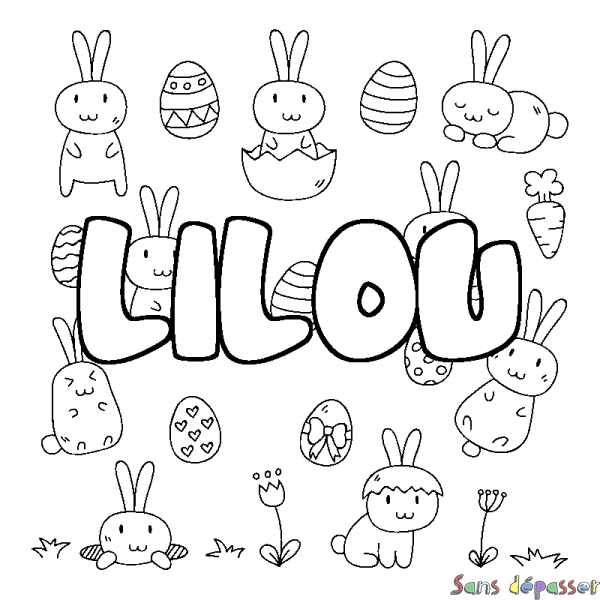 Coloriage pr&eacute;nom LILOU - d&eacute;cor Paques