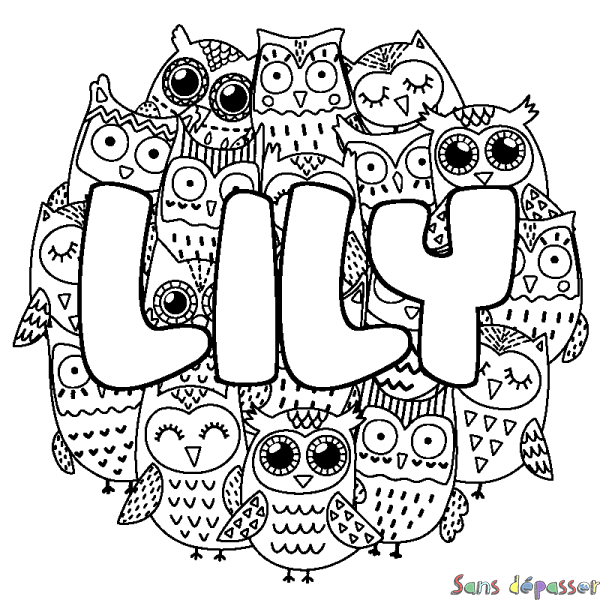 Coloriage pr&eacute;nom LILY - d&eacute;cor Chouettes