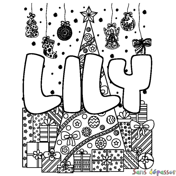 Coloriage pr&eacute;nom LILY - d&eacute;cor Sapin et Cadeaux