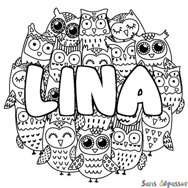 Coloriage pr&eacute;nom LINA - d&eacute;cor Chouettes
