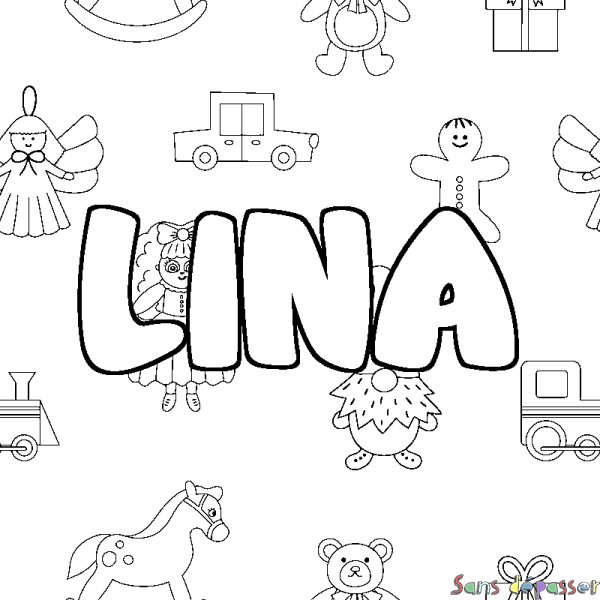 Coloriage pr&eacute;nom LINA - d&eacute;cor Jouets