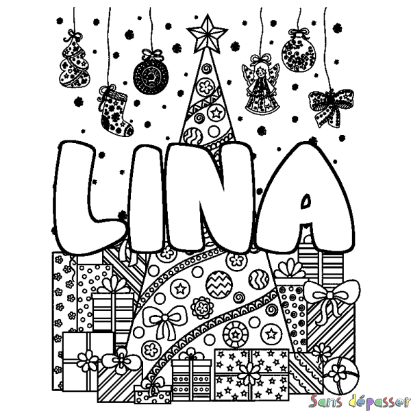 Coloriage pr&eacute;nom LINA - d&eacute;cor Sapin et Cadeaux