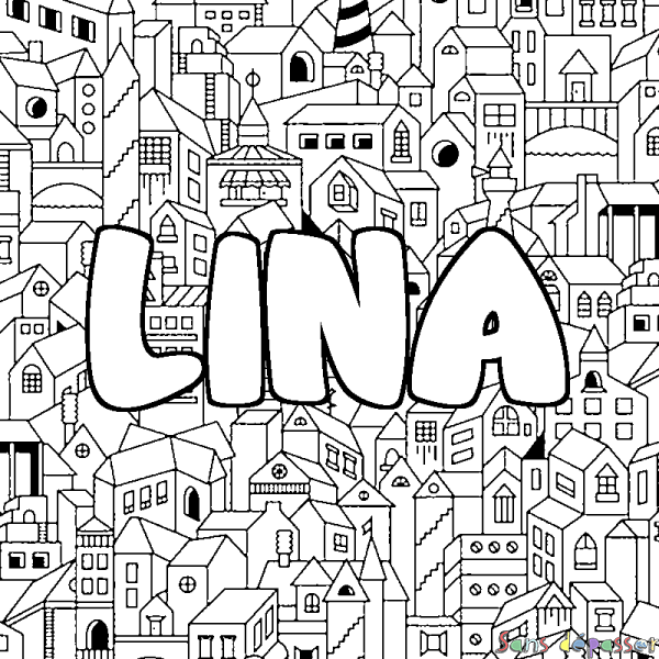 Coloriage pr&eacute;nom LINA - d&eacute;cor Ville