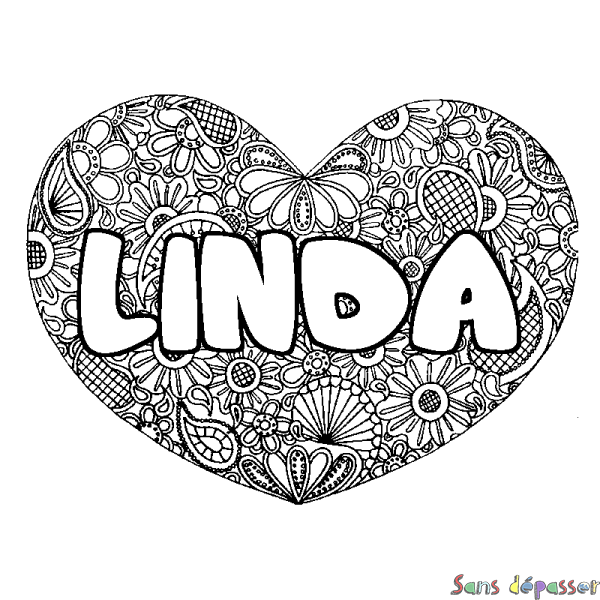 Coloriage prénom LINDA - d&eacute;cor Mandala coeur