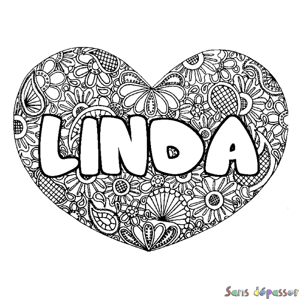 Coloriage pr&eacute;nom LINDA - d&eacute;cor Mandala coeur