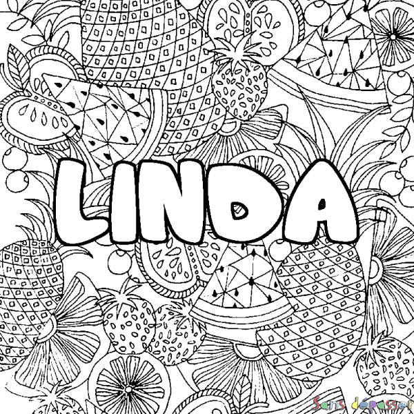 Coloriage prénom LINDA - d&eacute;cor Mandala fruits