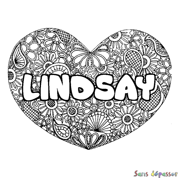 Coloriage pr&eacute;nom LINDSAY - d&eacute;cor Mandala coeur