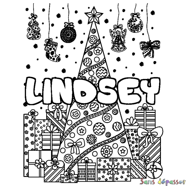 Coloriage pr&eacute;nom LINDSEY - d&eacute;cor Sapin et Cadeaux