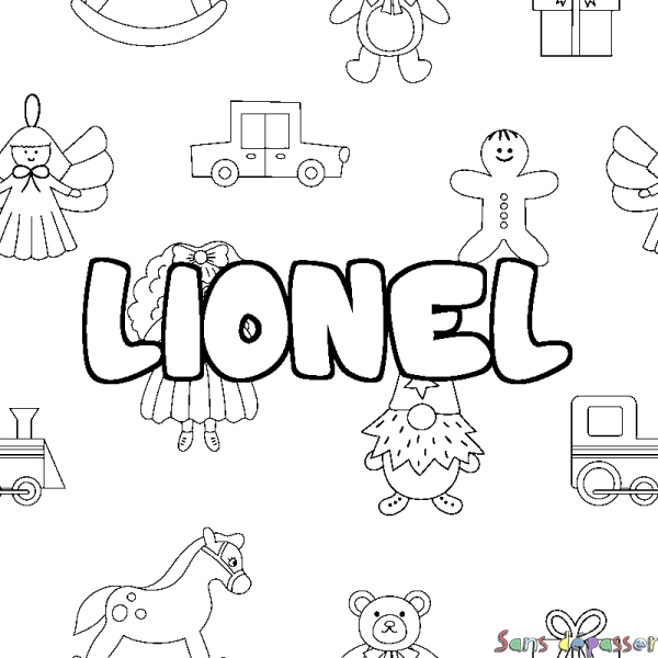 Coloriage pr&eacute;nom LIONEL - d&eacute;cor Jouets