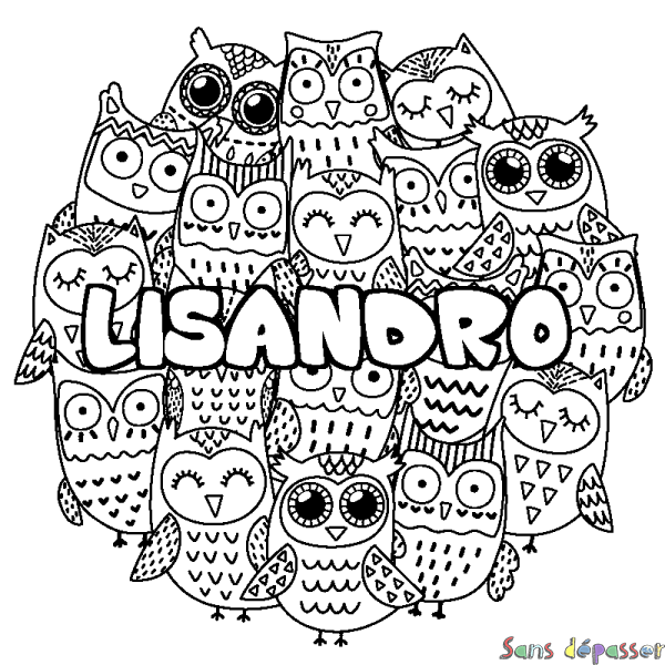 Coloriage pr&eacute;nom LISANDRO - d&eacute;cor Chouettes