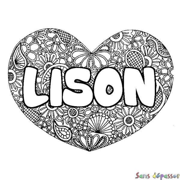 Coloriage pr&eacute;nom LISON - d&eacute;cor Mandala coeur
