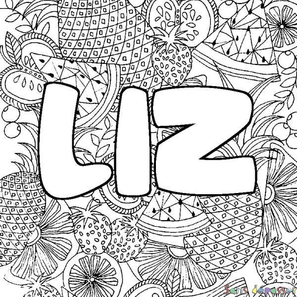 Coloriage pr&eacute;nom LIZ - d&eacute;cor Mandala fruits