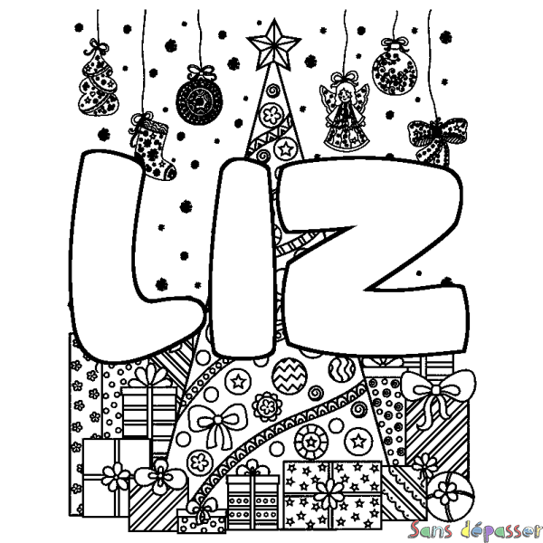 Coloriage pr&eacute;nom LIZ - d&eacute;cor Sapin et Cadeaux