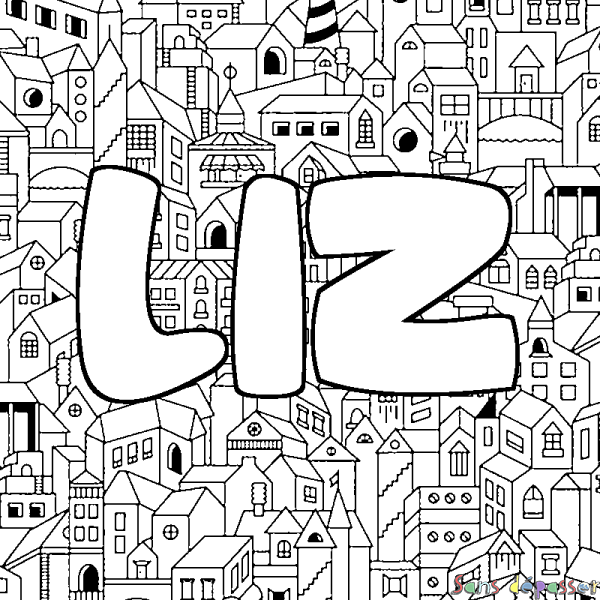 Coloriage pr&eacute;nom LIZ - d&eacute;cor Ville