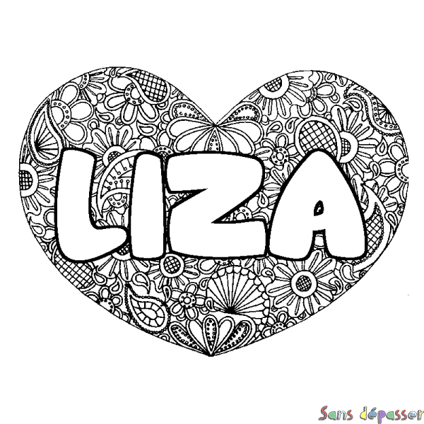 Coloriage pr&eacute;nom LIZA - d&eacute;cor Mandala coeur