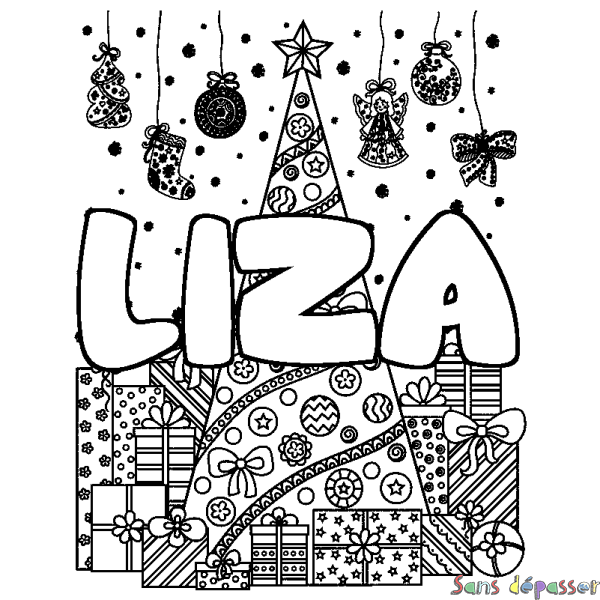 Coloriage pr&eacute;nom LIZA - d&eacute;cor Sapin et Cadeaux