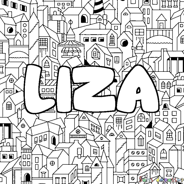 Coloriage pr&eacute;nom LIZA - d&eacute;cor Ville