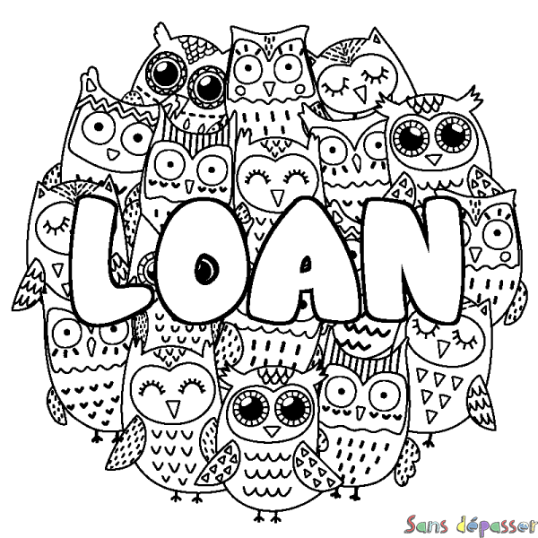 Coloriage pr&eacute;nom LOAN - d&eacute;cor Chouettes