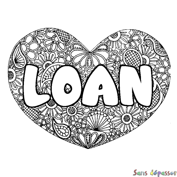 Coloriage pr&eacute;nom LOAN - d&eacute;cor Mandala coeur