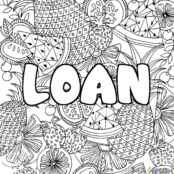 Coloriage pr&eacute;nom LOAN - d&eacute;cor Mandala fruits