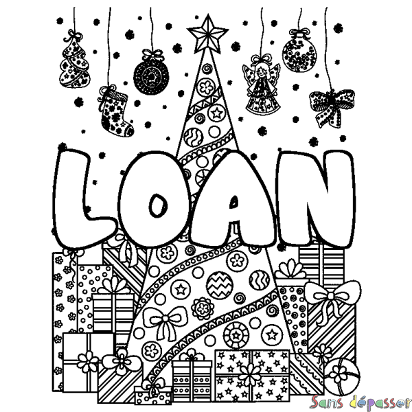 Coloriage pr&eacute;nom LOAN - d&eacute;cor Sapin et Cadeaux