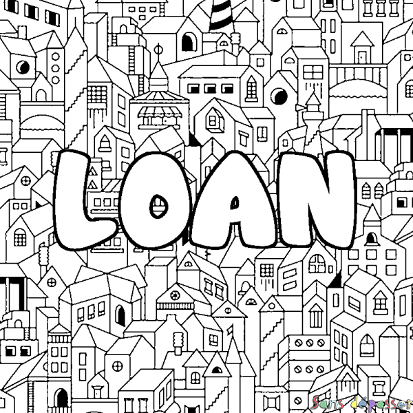 Coloriage pr&eacute;nom LOAN - d&eacute;cor Ville