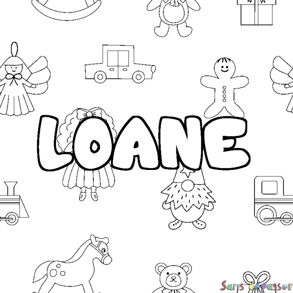 Coloriage pr&eacute;nom LOANE - d&eacute;cor Jouets